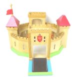 An Early Learning Centre wooden castle, comprising portcullis, draw bridge with moat section, four