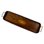 A small Edwardian mahogany tray, oblong form with twin brass handles.