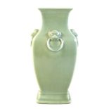 A Chinese porcelain celadon glaze vase, 20th century, of slab sided Hu form, decorated with four