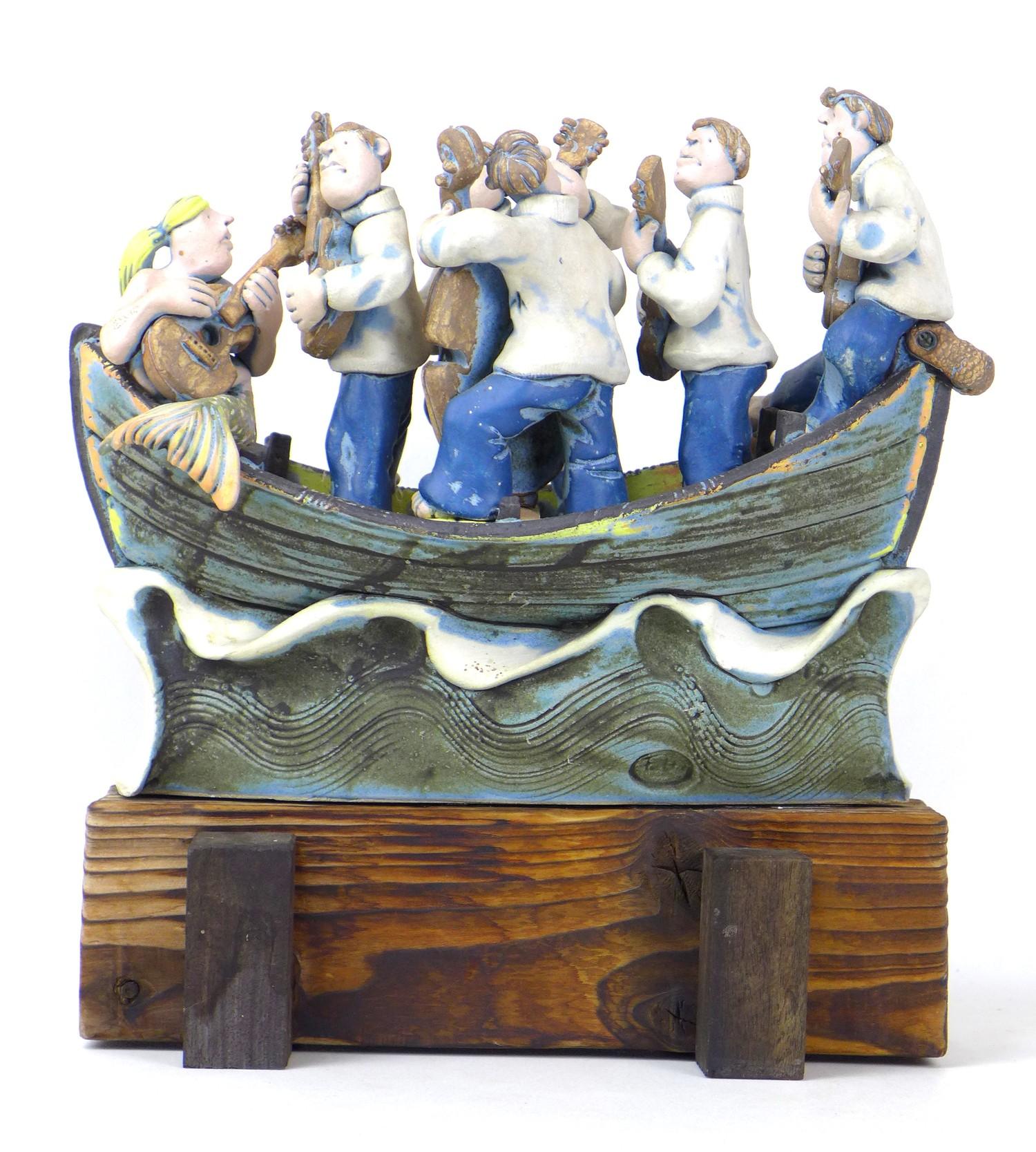 A Studio Pottery figural group, modelled as fishermen serenading a mermaid with guitars, in a boat - Image 2 of 6