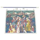 A 20th century French Tapestry style linen wall-hanging, the linen ground printed with scene