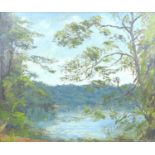 Norman Douglas Hughes (British, late 20th century): Grovelands Park Lake Southgate landscape oil