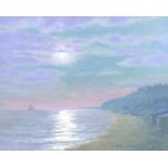 Norman Douglas Hughes (British, late 20th century): 'Moonlight Dunwich' coastal scene oil on canvas,