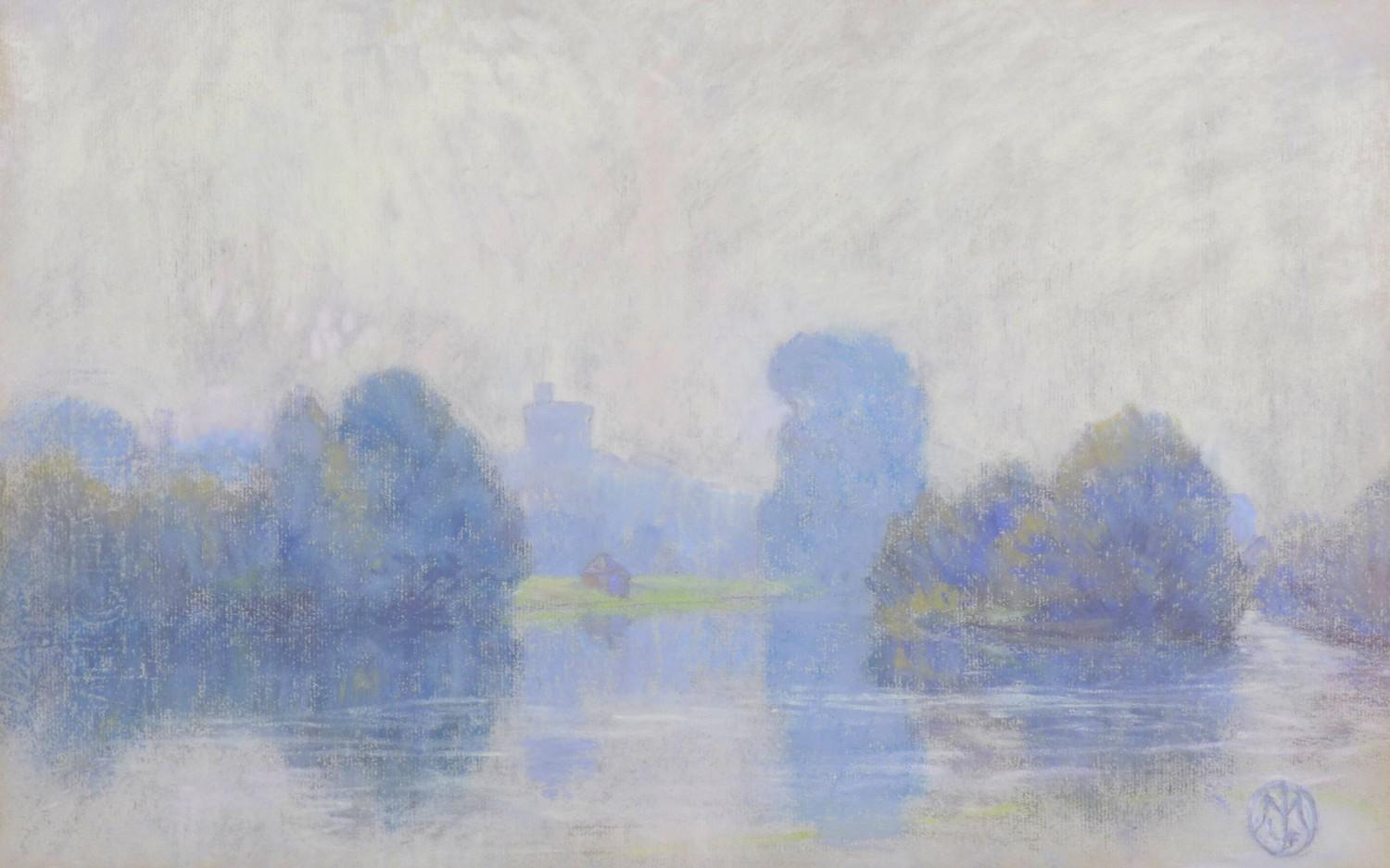 British School (20th century): Two pastel landscapes, both signed with monogrammed, possibly 'MJLF', - Image 5 of 8