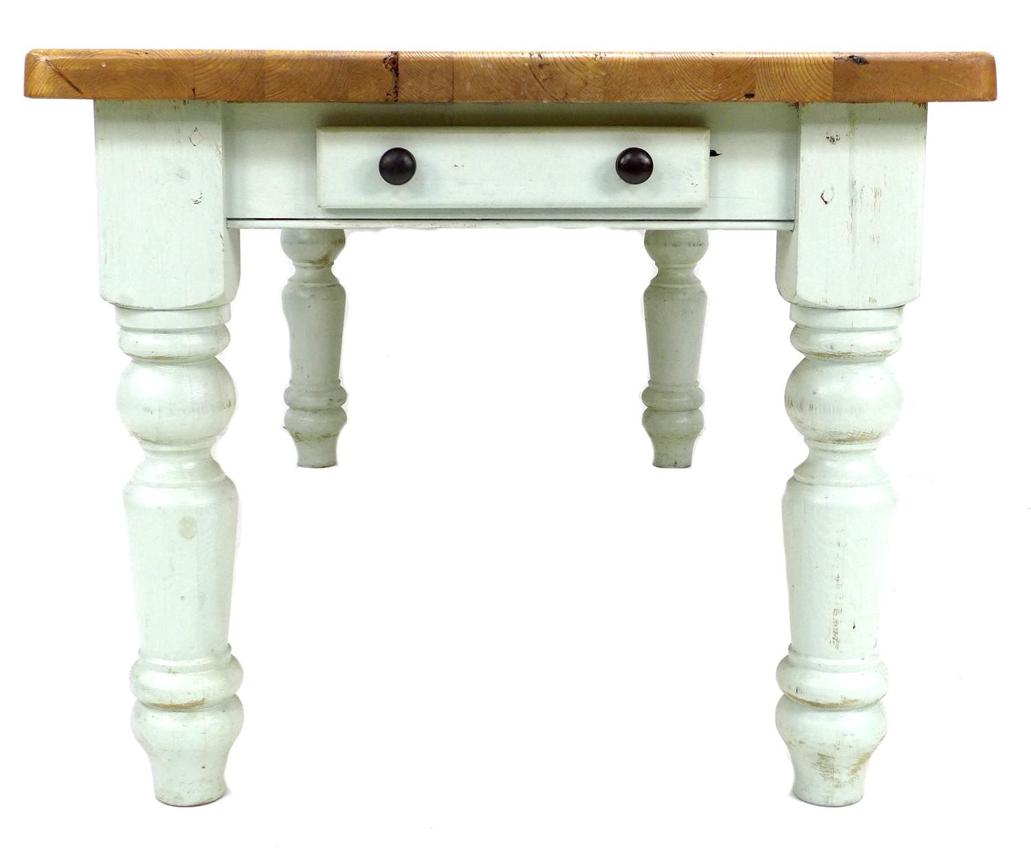 A modern pine kitchen dining table, pale green painted legs, 91.5 by 183 by 79.5cm high together - Image 4 of 7