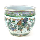 A modern Chinese famille verte fish bowl, decorated externally with various figures in a