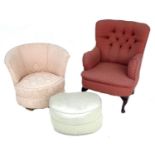 A buttonback armchair, in red upholstery, 65 by 90 by 95cm high, a tub chair, in pale pink