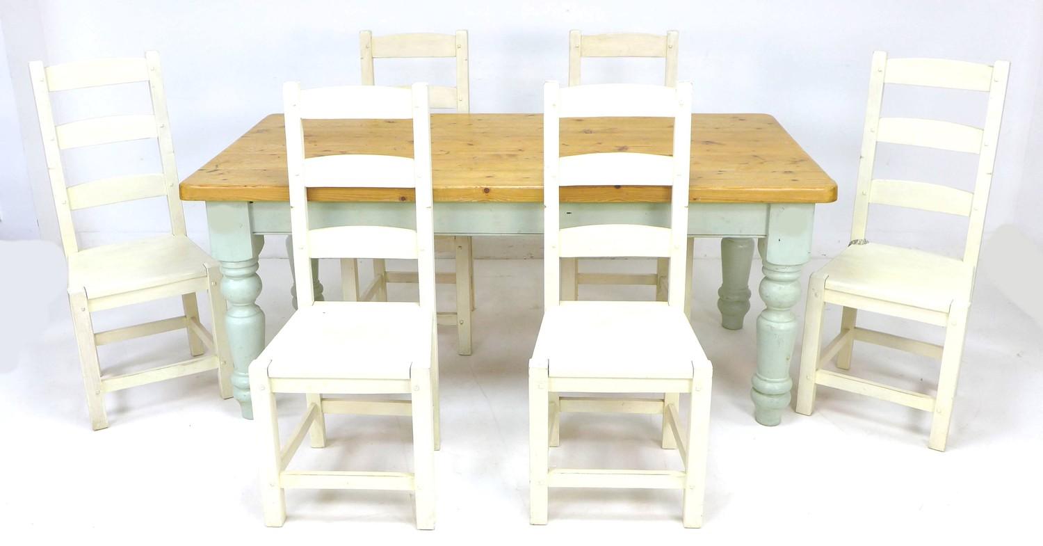 A modern pine kitchen dining table, pale green painted legs, 91.5 by 183 by 79.5cm high together