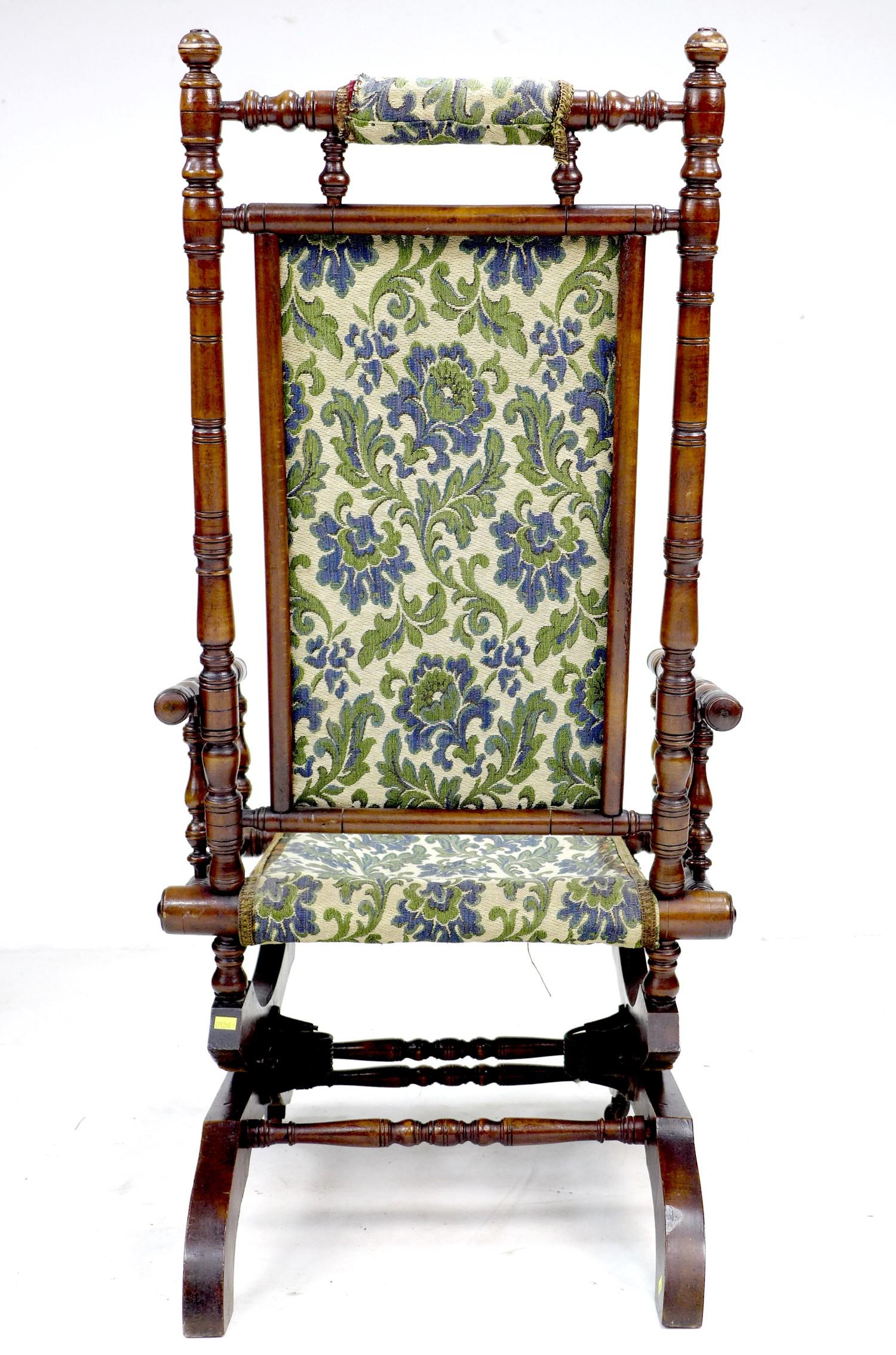 An American rocking chair, wooden turned spindle frame, metal sprung rocking action, floral - Image 4 of 4