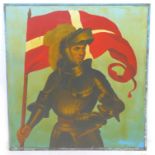 A vintage aluminium pub sign featuring a knight in suit of armour holding a Danish flag, 90 by 86cm.