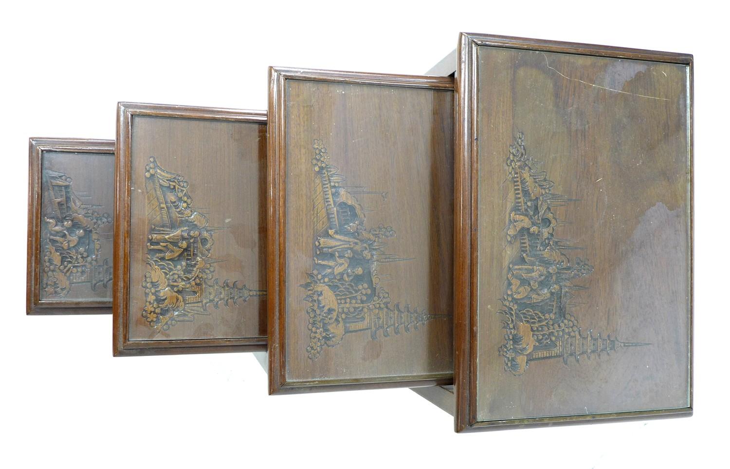 A Chinese hardwood nest of four tables, carved decoration, glass tops, largest 51 by 35 by 64cm - Image 3 of 4