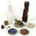 A mixed group of collectables, comprising a Victorian clear glass three ring decanter and stopper,