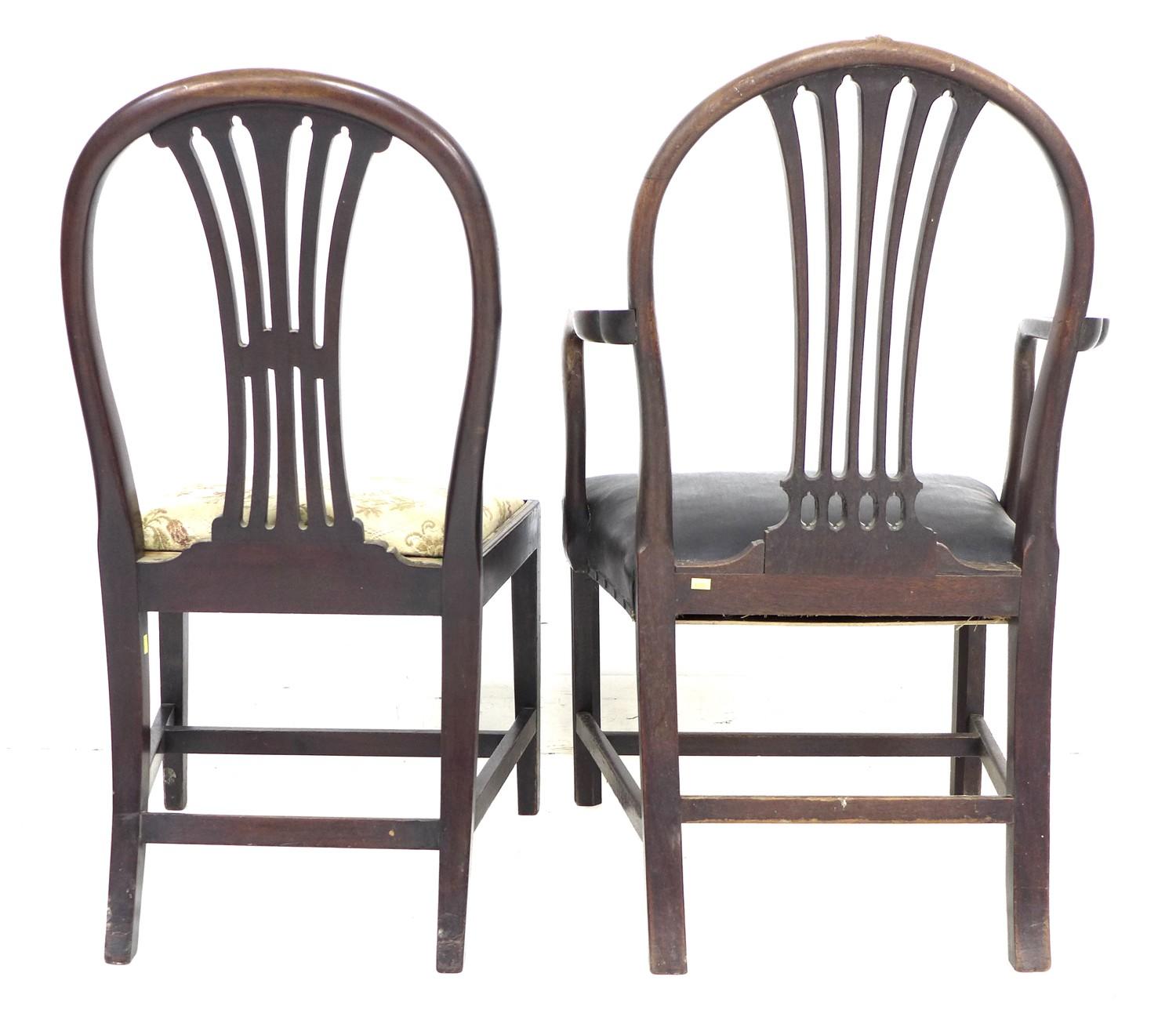 A group of three Georgian mahogany dining chairs, comprising a Hepplewhite style carver with black - Image 5 of 5