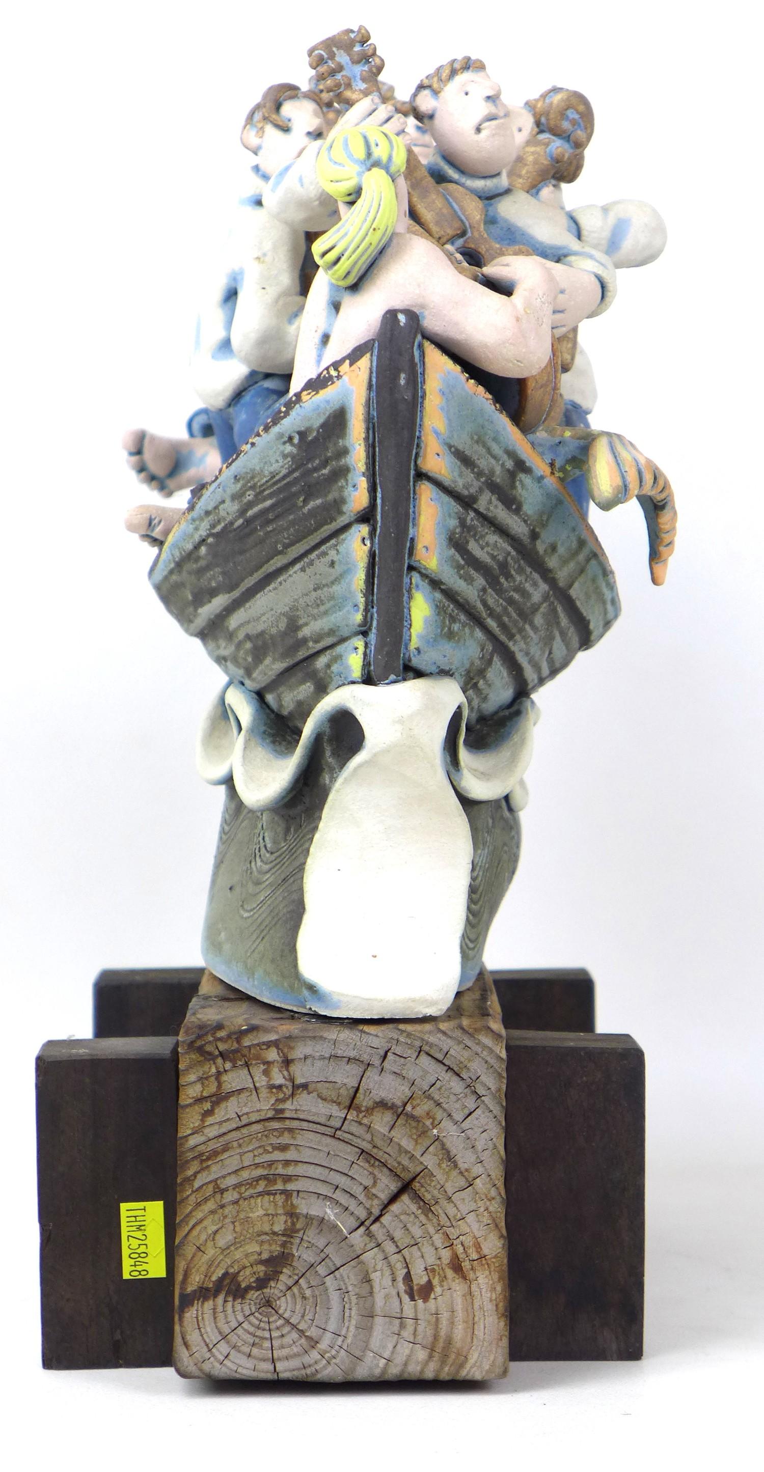 A Studio Pottery figural group, modelled as fishermen serenading a mermaid with guitars, in a boat - Image 3 of 6