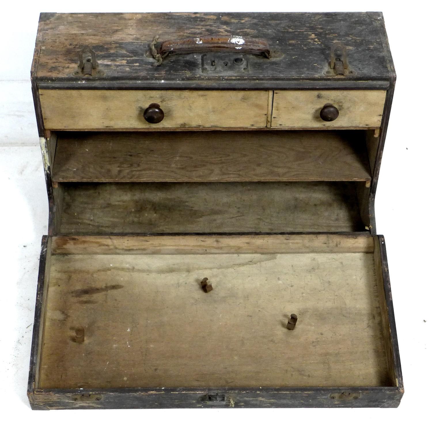 A vintage bank of six filing drawers, with brass handles, together with two wooden storage boxes. ( - Image 6 of 9