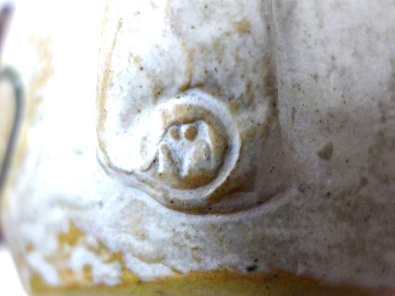 A 20th century studio pottery coffee pot, the cream on biscuit textured ground decorated with sky - Image 4 of 5