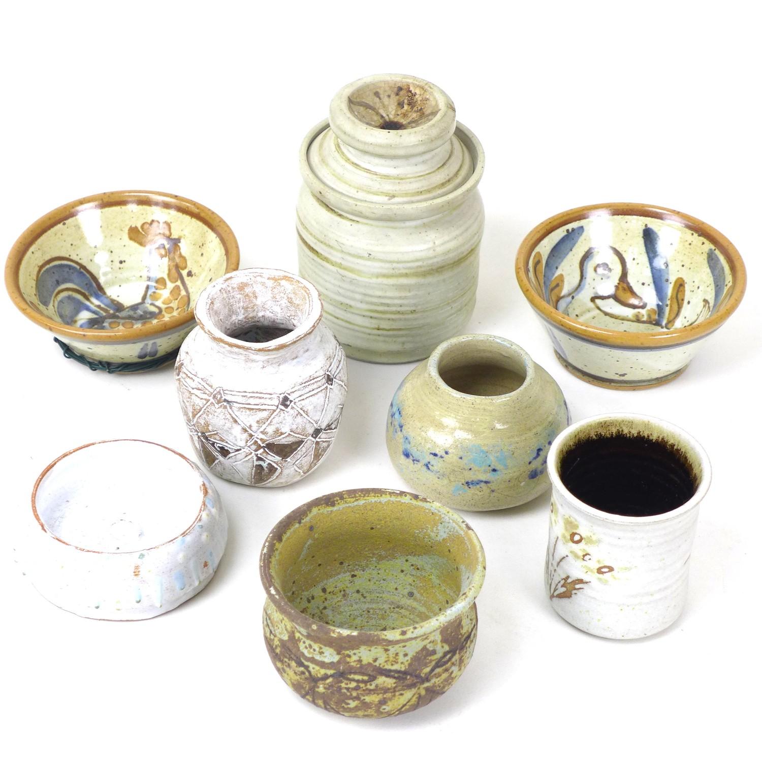A group of Studio Pottery ceramics, comprising a jar and cover, with decorated lid, impressed mark