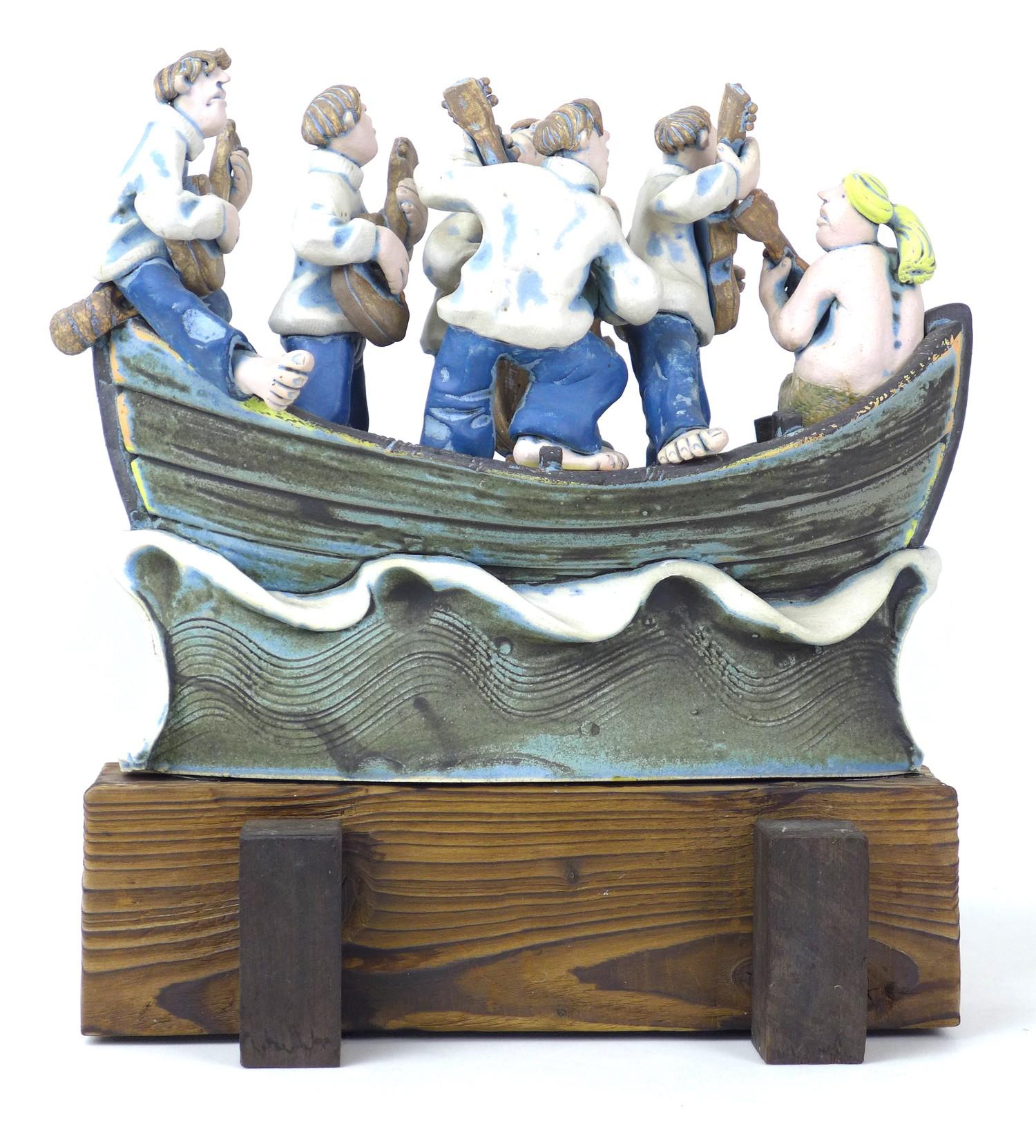 A Studio Pottery figural group, modelled as fishermen serenading a mermaid with guitars, in a boat - Image 4 of 6
