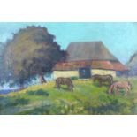 Anton Lock (British, 1893-1973): a countryside scene, with three grazing horses in front of a barn