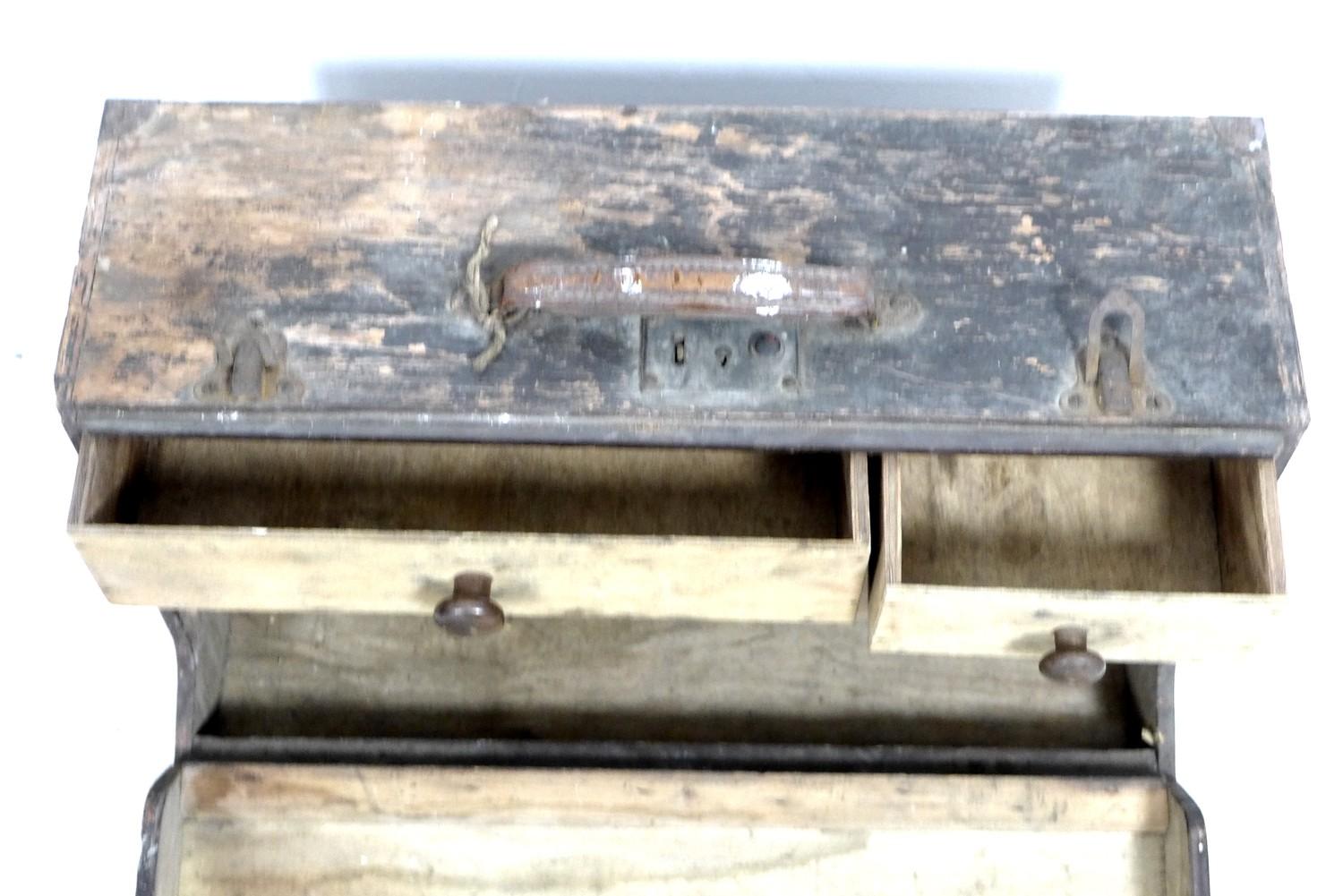 A vintage bank of six filing drawers, with brass handles, together with two wooden storage boxes. ( - Image 7 of 9