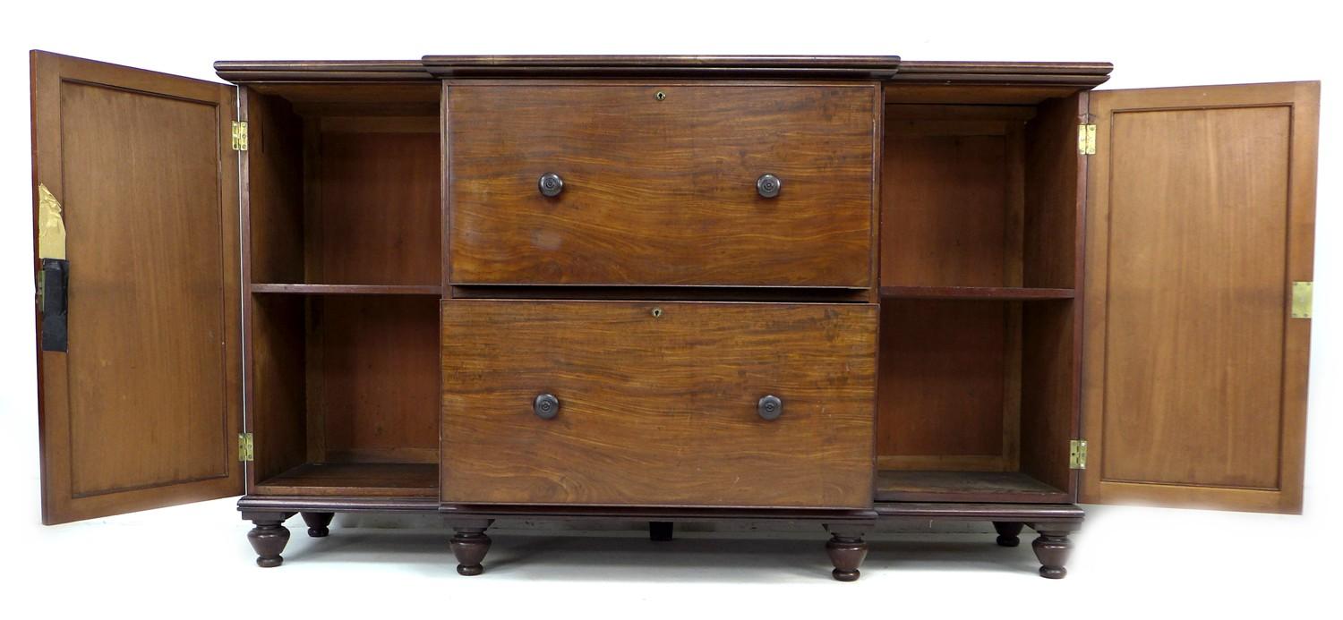 An early Victorian mahogany sideboard chest, of unusual form with two very deep central drawers with - Image 2 of 2