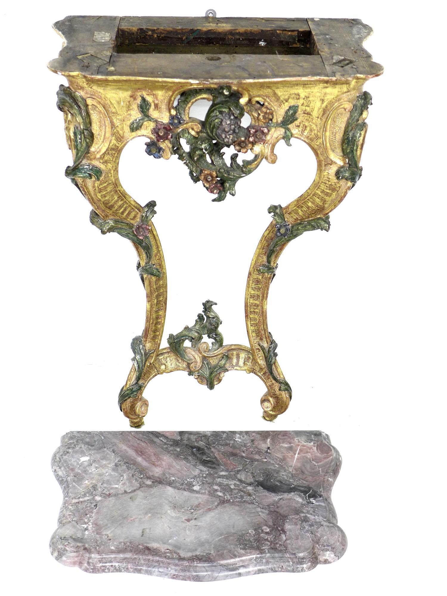 An 18th century Continental marble topped giltwood pier table, possibly Italian, with polychrome - Image 5 of 25
