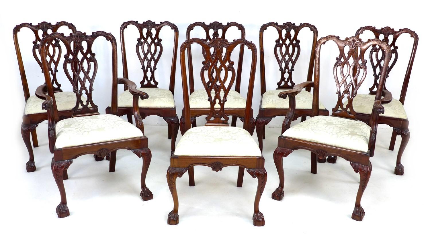 Eight 20th century mahogany Chippendale style dining chairs, comprising six dining chairs, 54.5 by