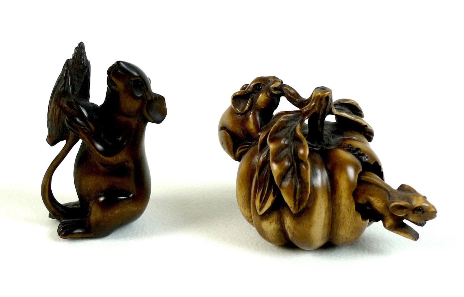 Two Japanese boxwood netsuke, Meiji period, one modelled as two mice eating a pumpkin, with one