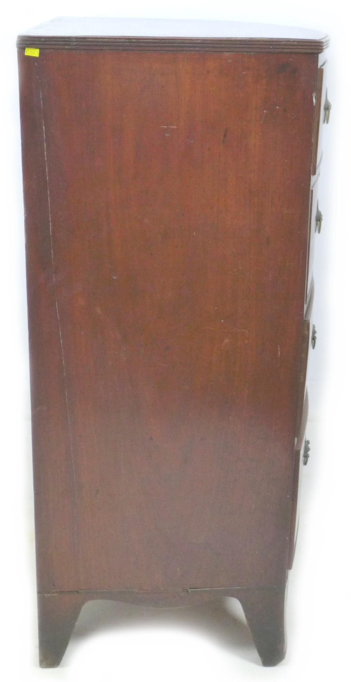 A Regency mahogany bow front chest of two over three graduated drawers, with cock beading and oval - Image 4 of 8