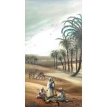 Zaidi (late 20th century): a desert scene with three Arabs seated by a fire, two dromedaries and