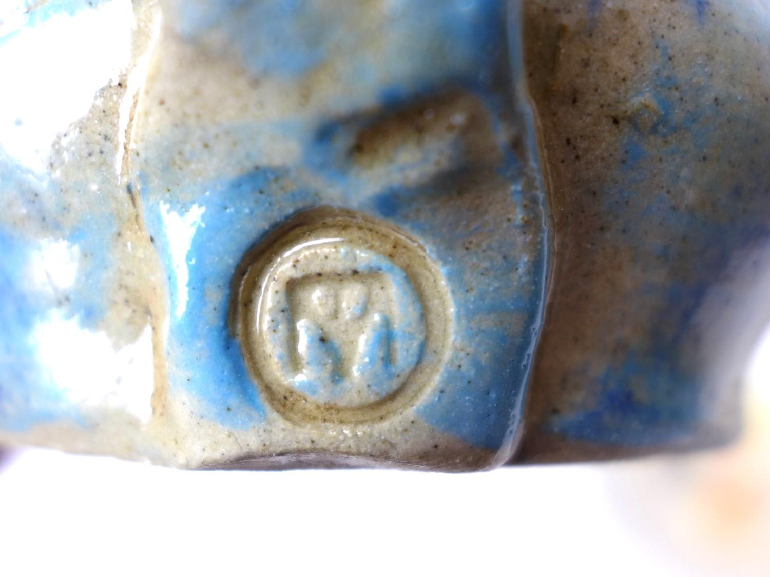 A 20th century studio pottery coffee pot, the cream on biscuit textured ground decorated with sky - Image 5 of 5