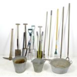 A collection of garden tools and three aluminium containers, including two buckets and a twin