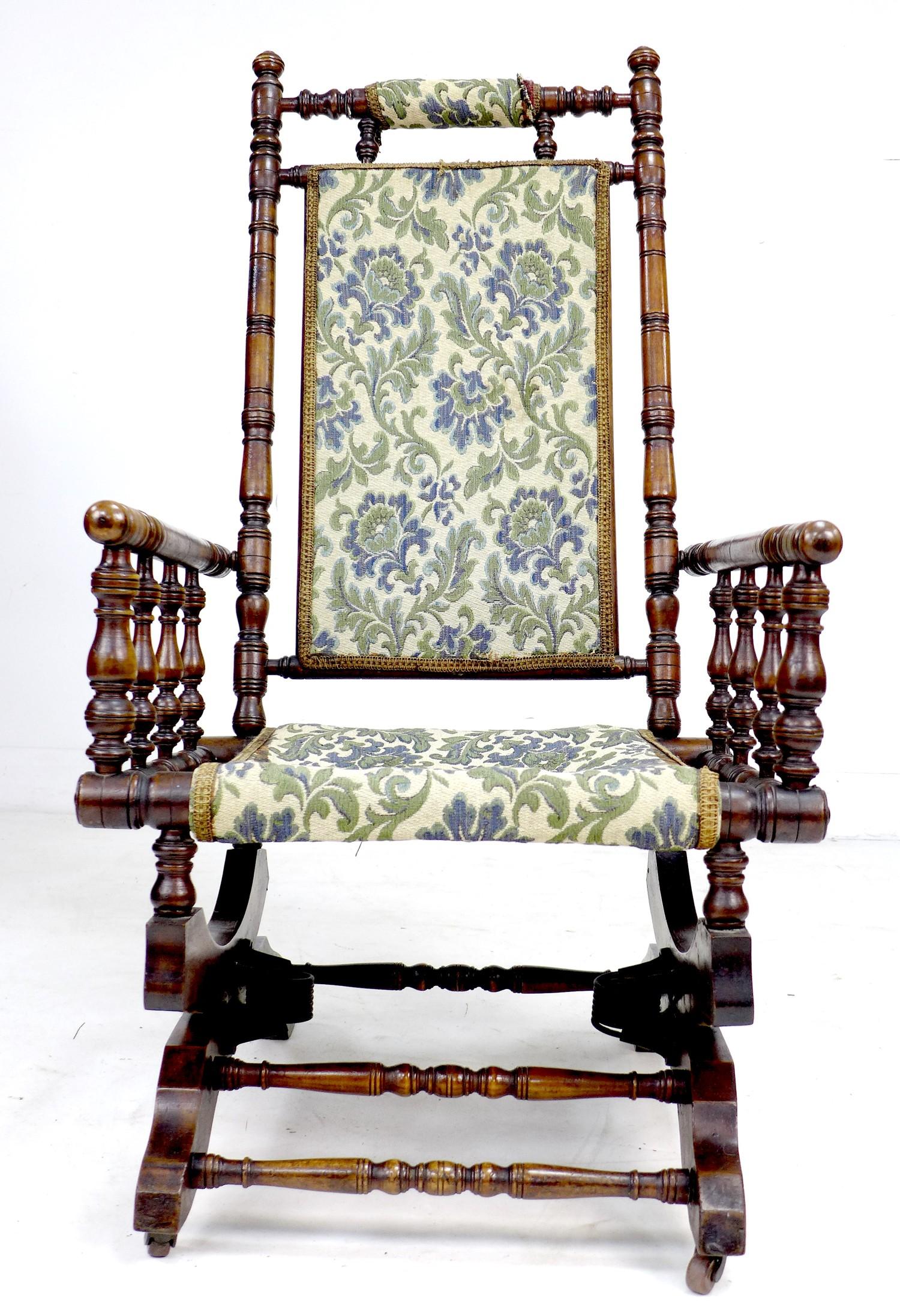An American rocking chair, wooden turned spindle frame, metal sprung rocking action, floral - Image 2 of 4