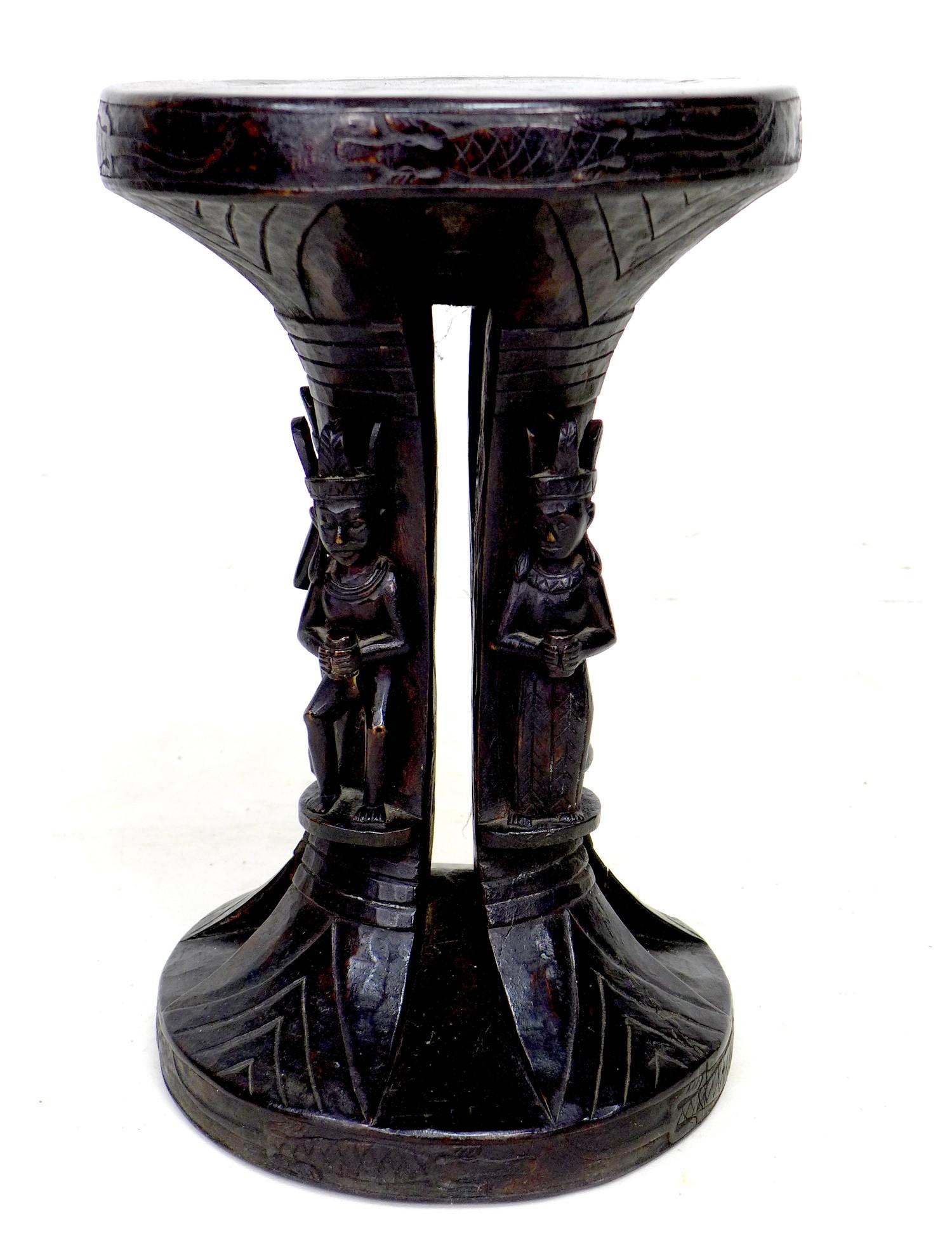 An African wooden stool, carved from a single piece with circular dished top, waisted column with - Image 2 of 5