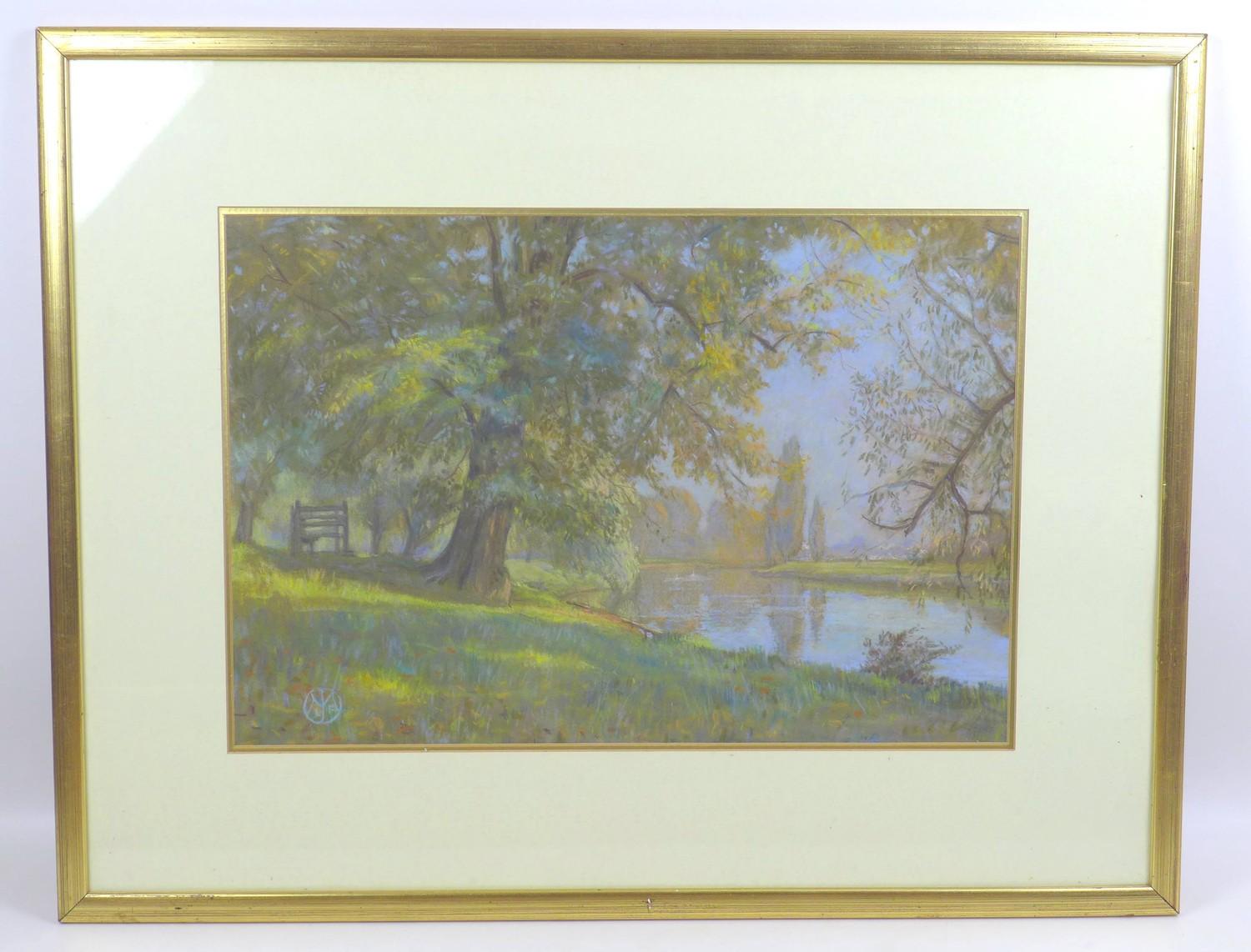 British School (20th century): Two pastel landscapes, both signed with monogrammed, possibly 'MJLF', - Image 2 of 8