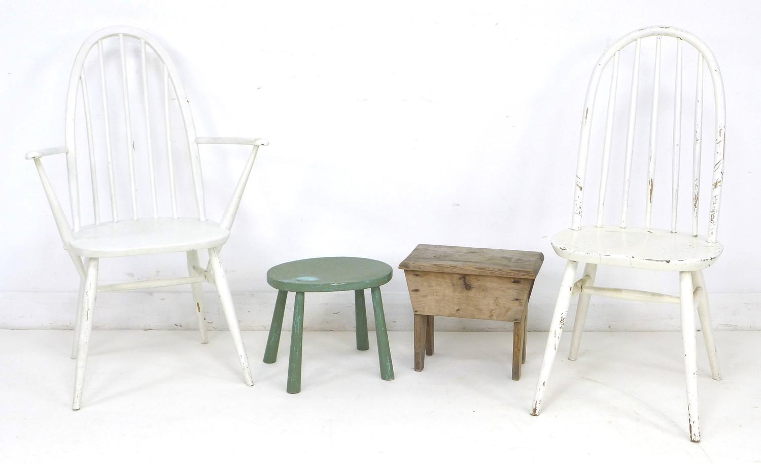 A group of 20th century furniture, comprising two white painted Ercol style chairs, 43 by 44 by 97cm