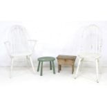 A group of 20th century furniture, comprising two white painted Ercol style chairs, 43 by 44 by 97cm
