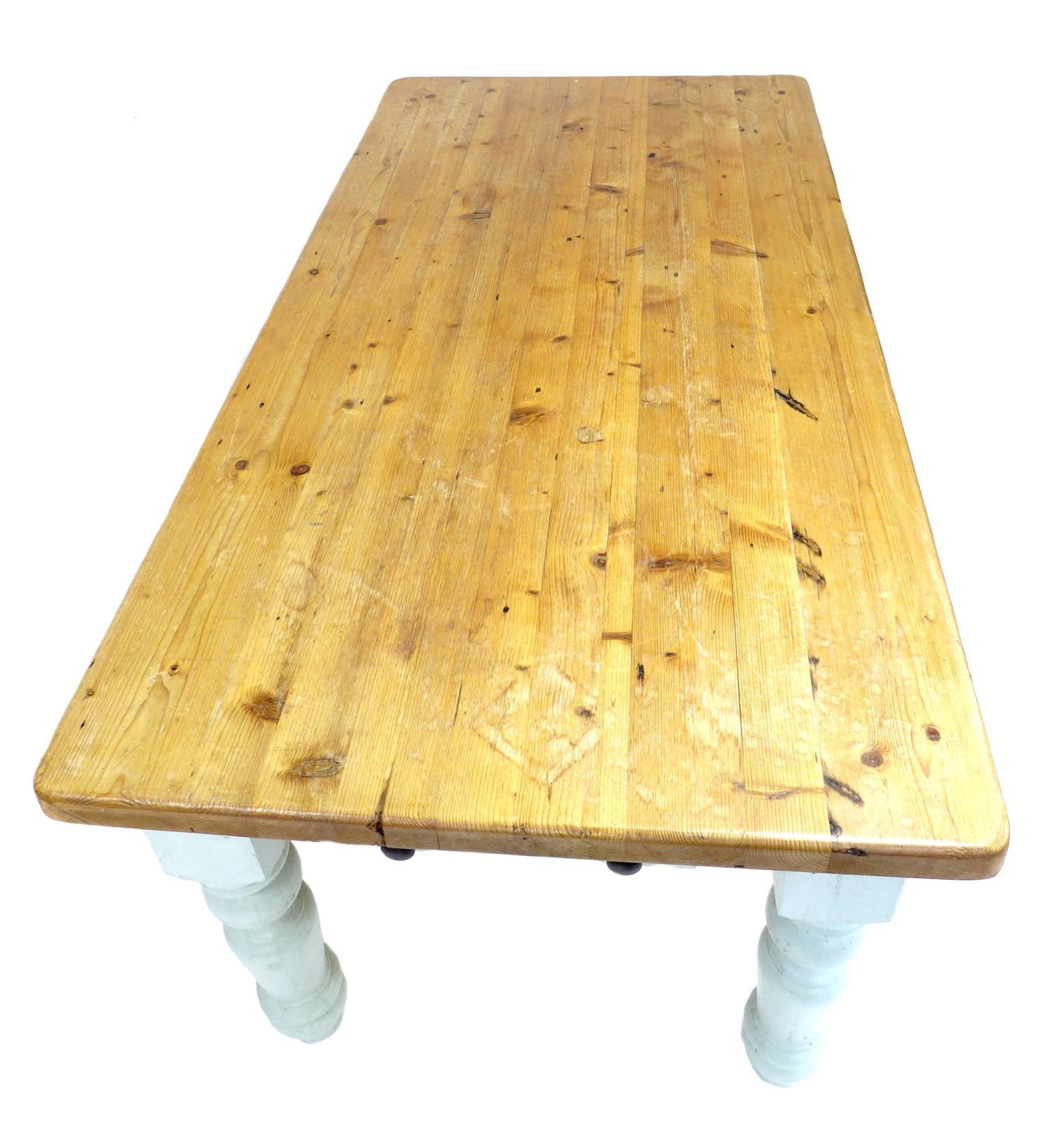 A modern pine kitchen dining table, pale green painted legs, 91.5 by 183 by 79.5cm high together - Image 2 of 7