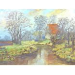 Norman Douglas Hughes (British, late 20th century): 'Burwell Lode' Cambridgeshire landscape, oil