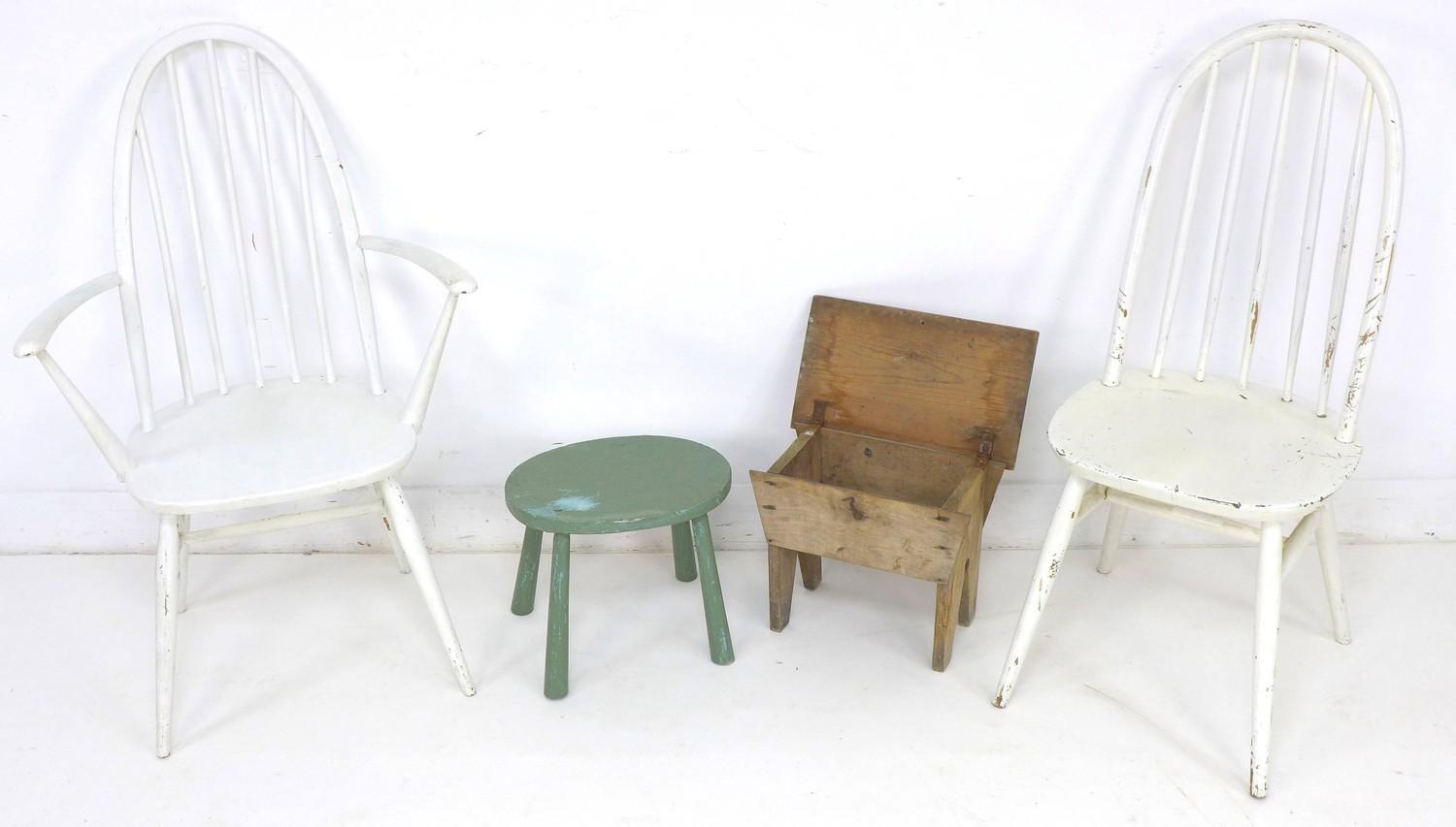 A group of 20th century furniture, comprising two white painted Ercol style chairs, 43 by 44 by 97cm - Image 2 of 2