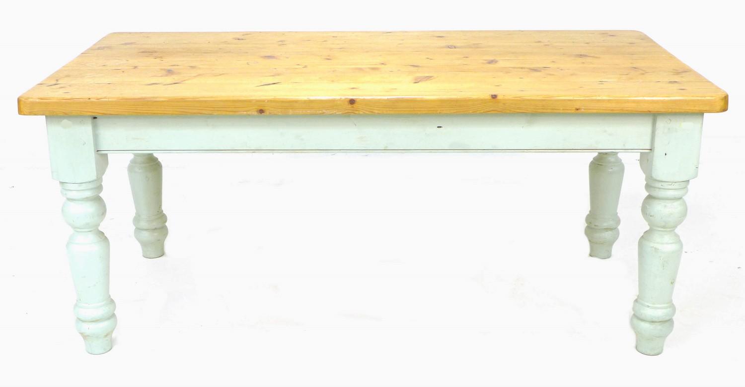 A modern pine kitchen dining table, pale green painted legs, 91.5 by 183 by 79.5cm high together - Image 3 of 7