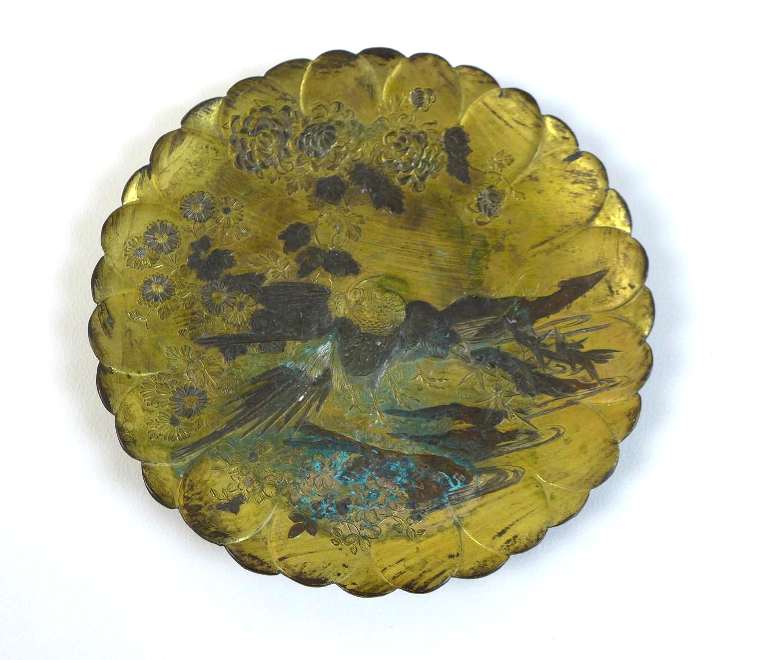 A pair of Shakudo style Japanese small decorative dishes, early to mid 20th century, of lotus flower - Image 4 of 7