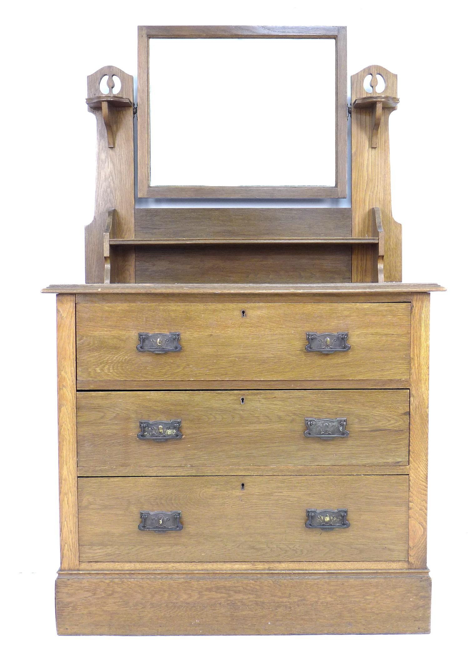 A Art Nouveau oak dressing chest, mirror over three drawers, 91.5 by 48 by 151cm high. - Image 2 of 4