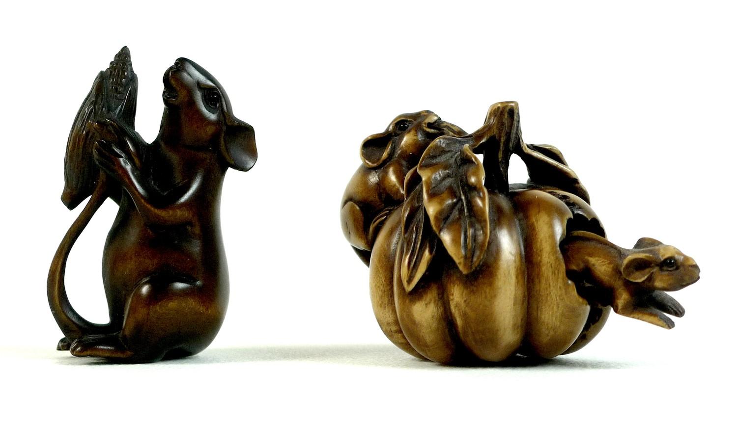 Two Japanese boxwood netsuke, Meiji period, one modelled as two mice eating a pumpkin, with one - Image 2 of 9