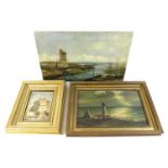 A seascape painting depicting a headland with a lighthouse, with boats moored, 31 by 50cm, unframed,
