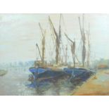 Norman Douglas Hughes (British, late 20th century): Boats moored at harbour scene oil on canvas,