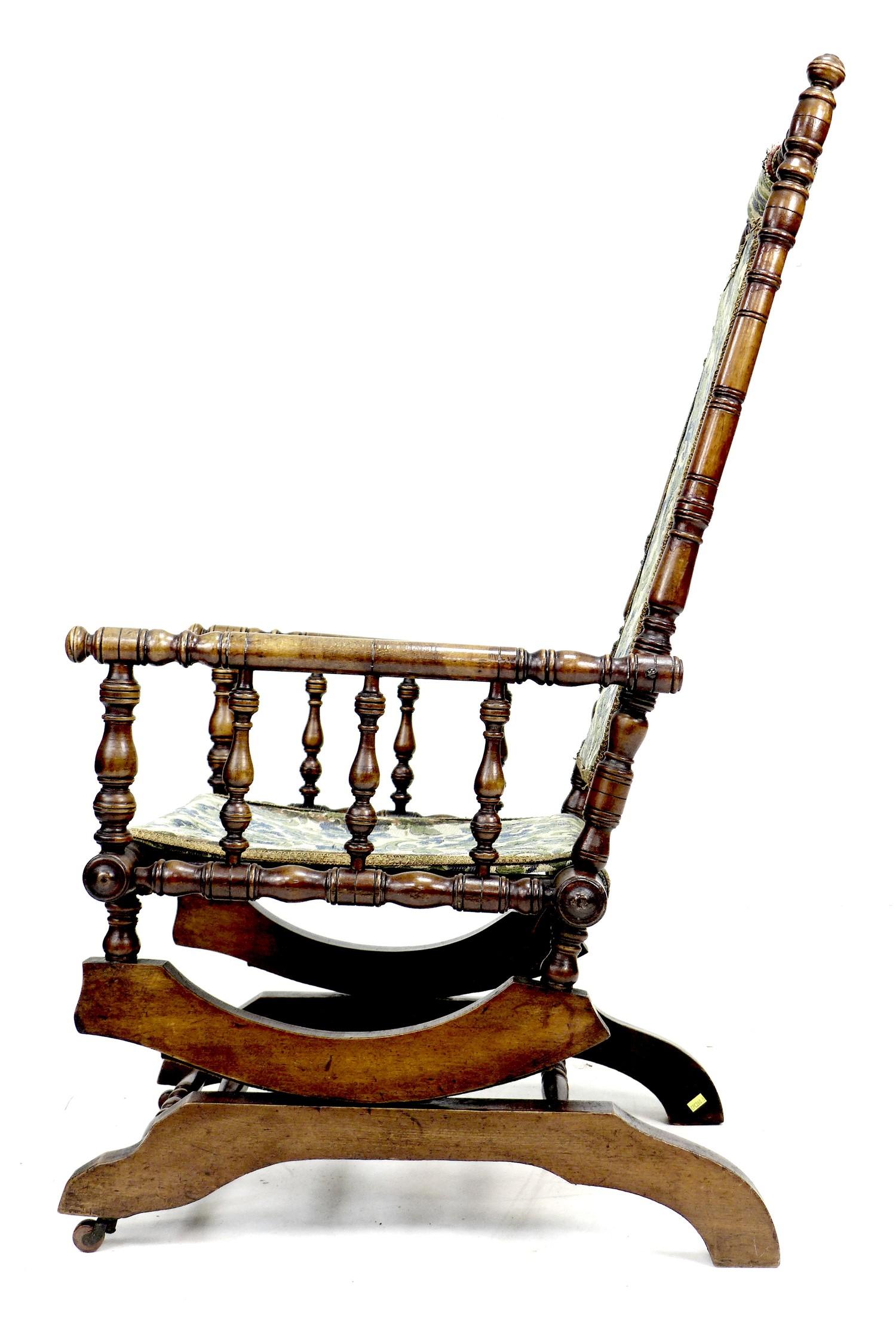 An American rocking chair, wooden turned spindle frame, metal sprung rocking action, floral - Image 3 of 4