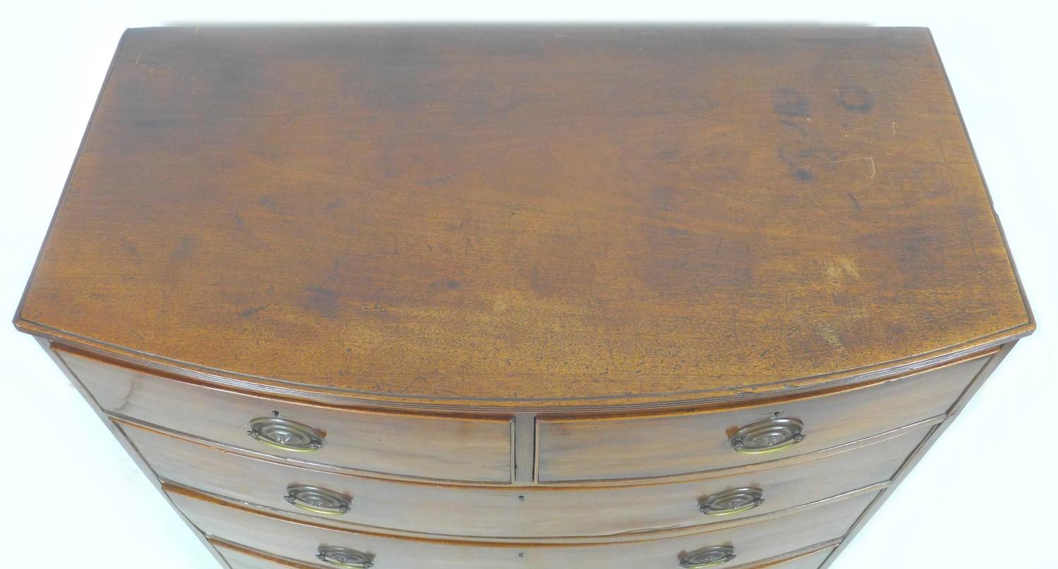 A Regency mahogany bow front chest of two over three graduated drawers, with cock beading and oval - Image 2 of 8