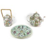Three pieces 19th century and later Chinese Canton porcelain, comprising a spherical form teapot,