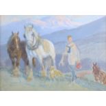 Continental School (20th century): Draught horses accompanied by a young man amidst a mountainous